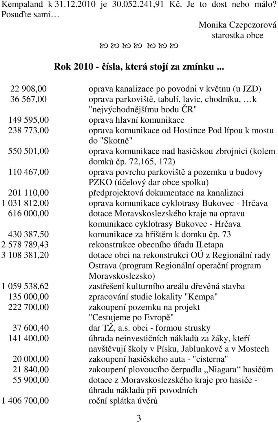 komunikace od Hostince Pod lípou k mostu do "Skotně" 550 501,00 oprava komunikace nad hasičskou zbrojnici (kolem domků čp.