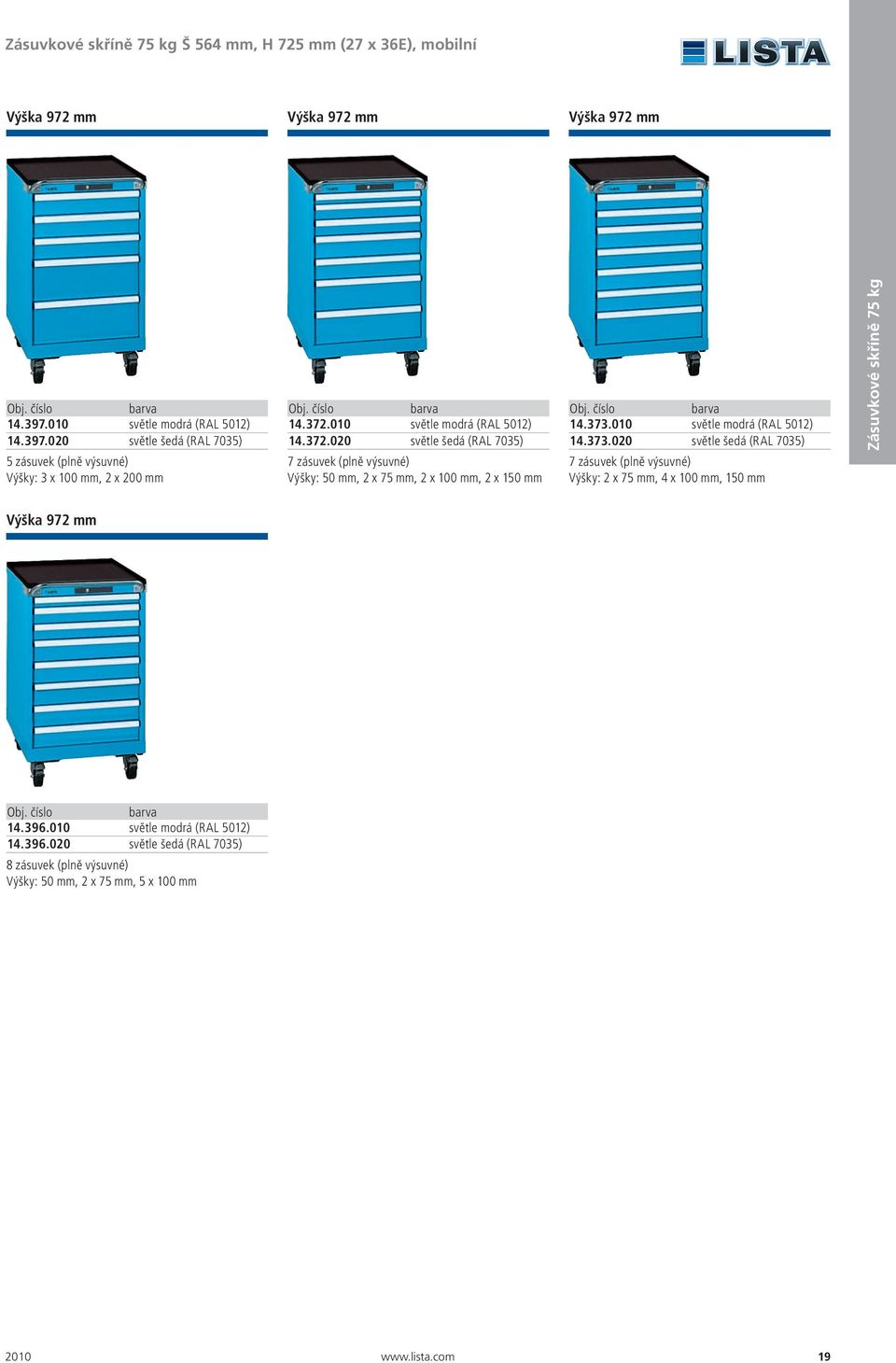 010 světle modrá (RAL 5012) 14.372.020 světle šedá (RAL 7035) 7 zásuvek (plně výsuvné) Výšky: 50, 2 x 75, 2 x 100, 2 x 150 14.373.