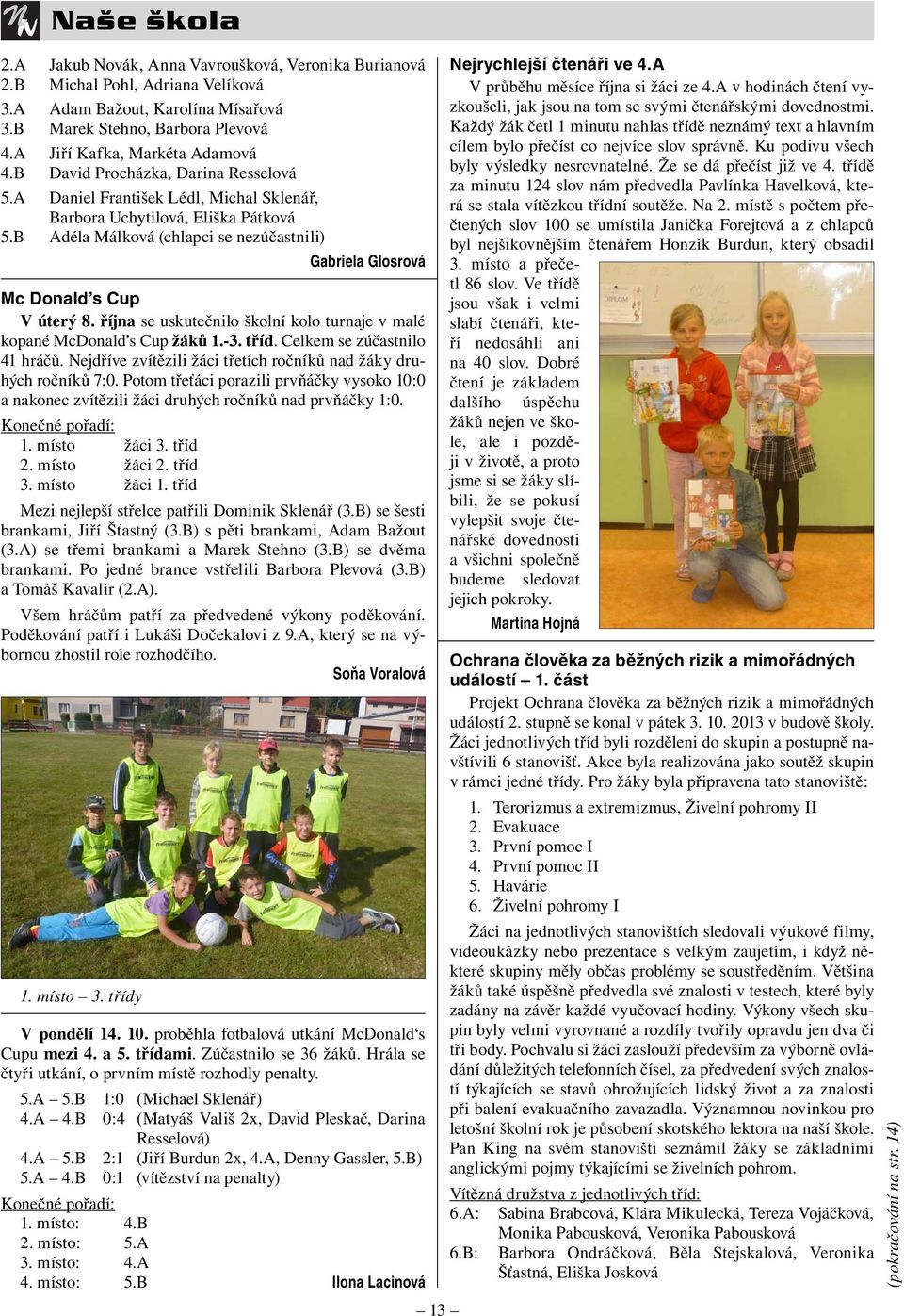 B Adéla Málková (chlapci se nezúčastnili) Gabriela Glosrová Mc Donald s Cup V úterý 8. října se uskutečnilo školní kolo turnaje v malé kopané McDonald s Cup žáků 1.-3. tříd.