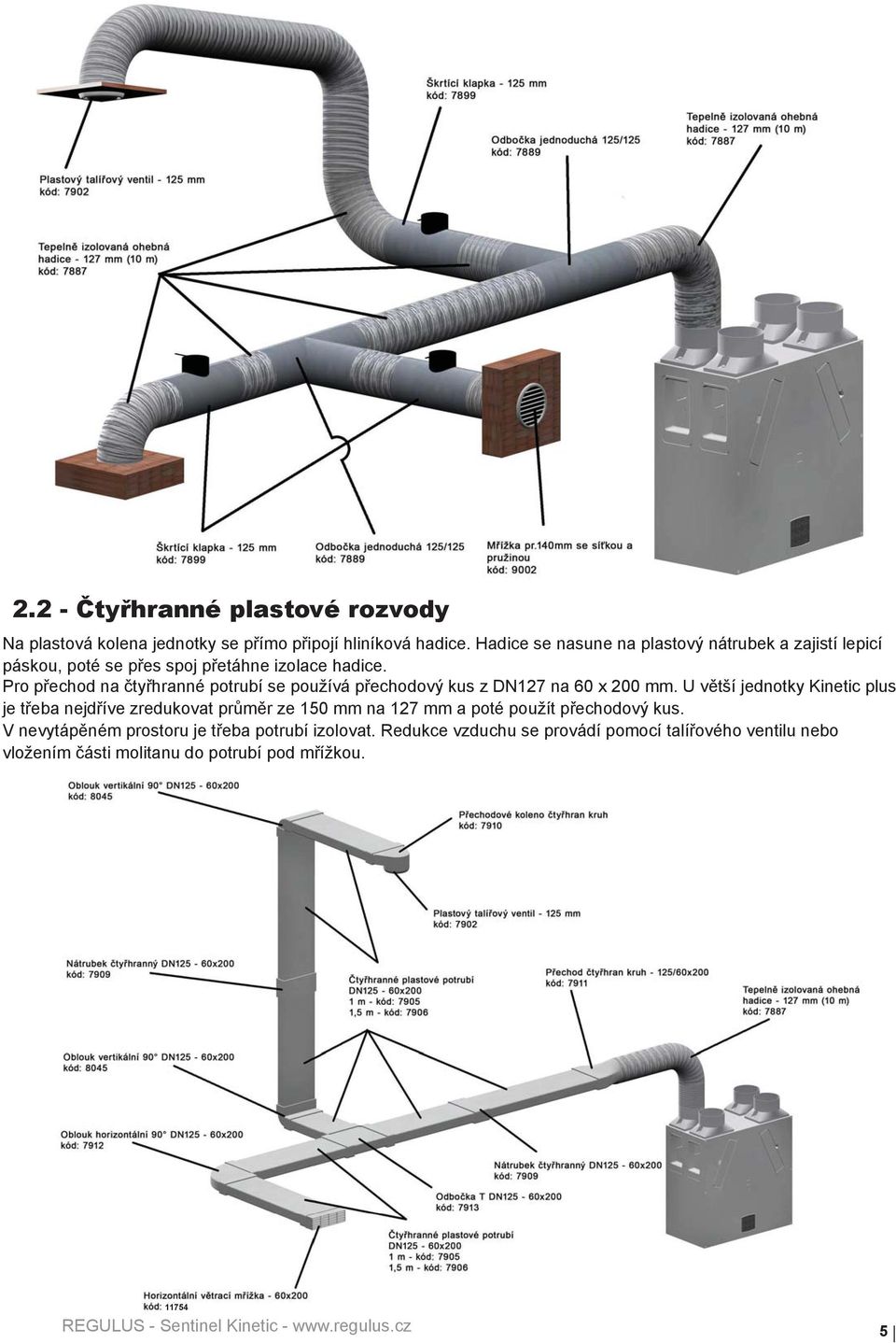 Pro přechod na čtyřhranné potrubí se používá přechodový kus z DN127 na 60 x 200 mm.