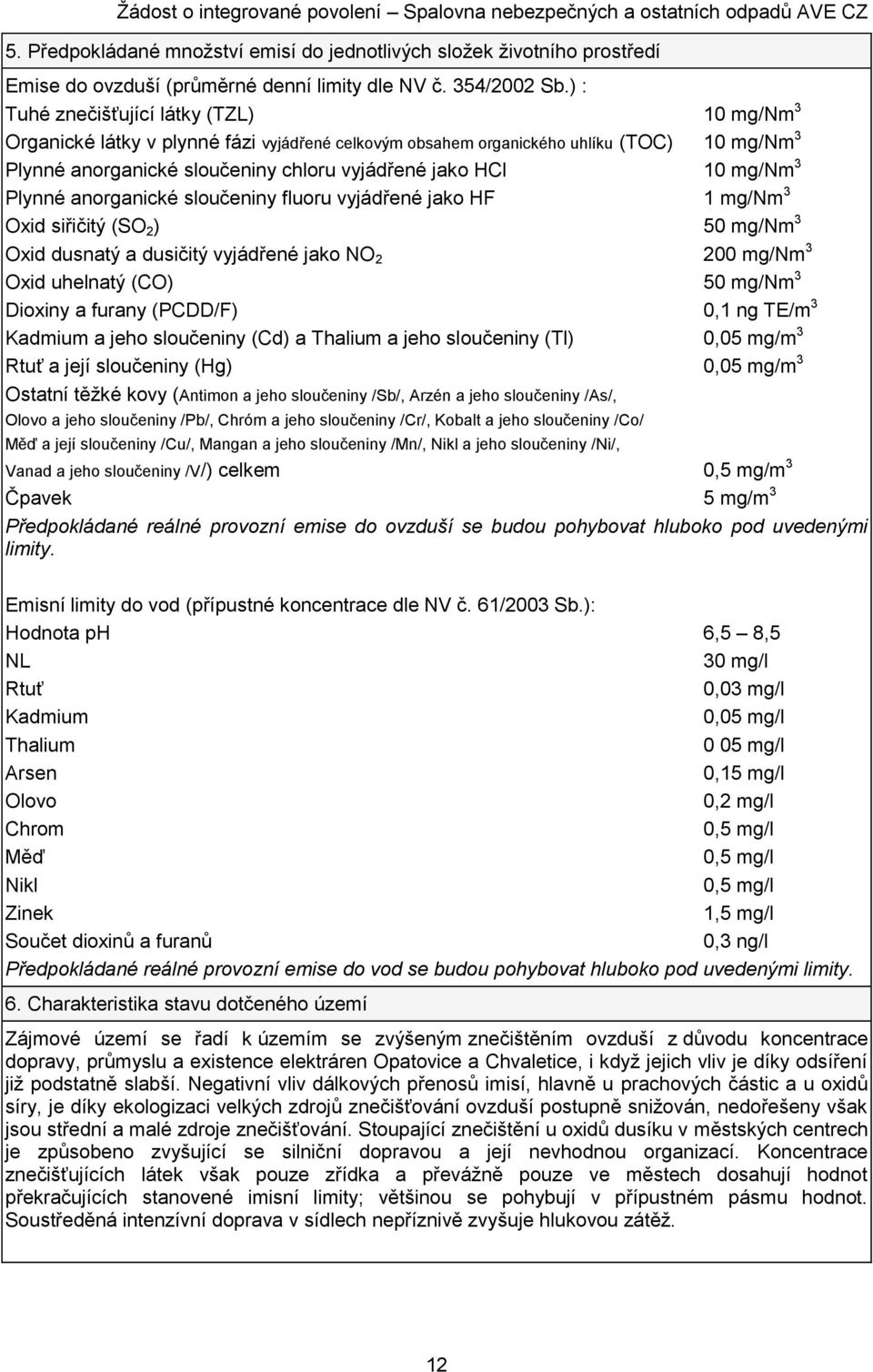 mg/nm 3 Plynné anorganické sloučeniny fluoru vyjádřené jako HF 1 mg/nm 3 Oxid siřičitý (SO 2 ) 50 mg/nm 3 Oxid dusnatý a dusičitý vyjádřené jako NO 2 200 mg/nm 3 Oxid uhelnatý (CO) 50 mg/nm 3 Dioxiny