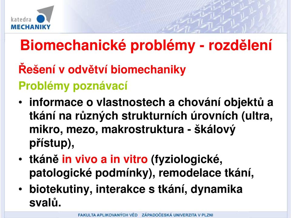 (ultra, mikro, mezo, makrostruktura - škálový přístup), tkáně in vivo a in vitro