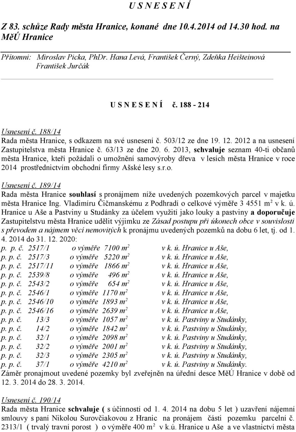 /13 ze dne 20. 6. 2013, schvaluje seznam 40-ti občanů města, kteří požádali o umožnění samovýroby dřeva v lesích města v roce 2014 prostřednictvím obchodní firmy Ašské lesy s.r.o. Usnesení č.