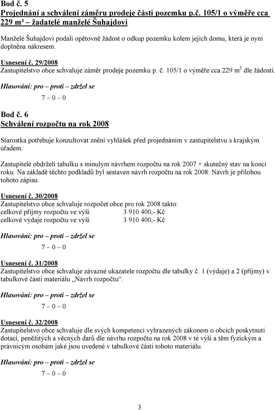 6 Schválení rozpočtu na rok 2008 Starostka potřebuje konzultovat znění vyhlášek před projednáním v zastupitelstvu s krajským úřadem.