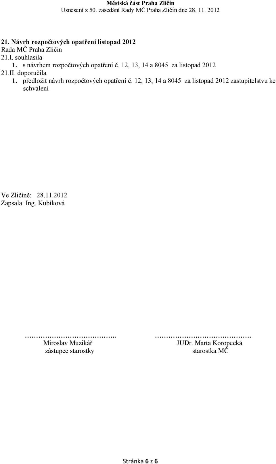 12, 13, 14 a 8045 za listopad 2012 zastupitelstvu ke schválení Ve Zličíně: 28.11.2012 Zapsala: Ing.