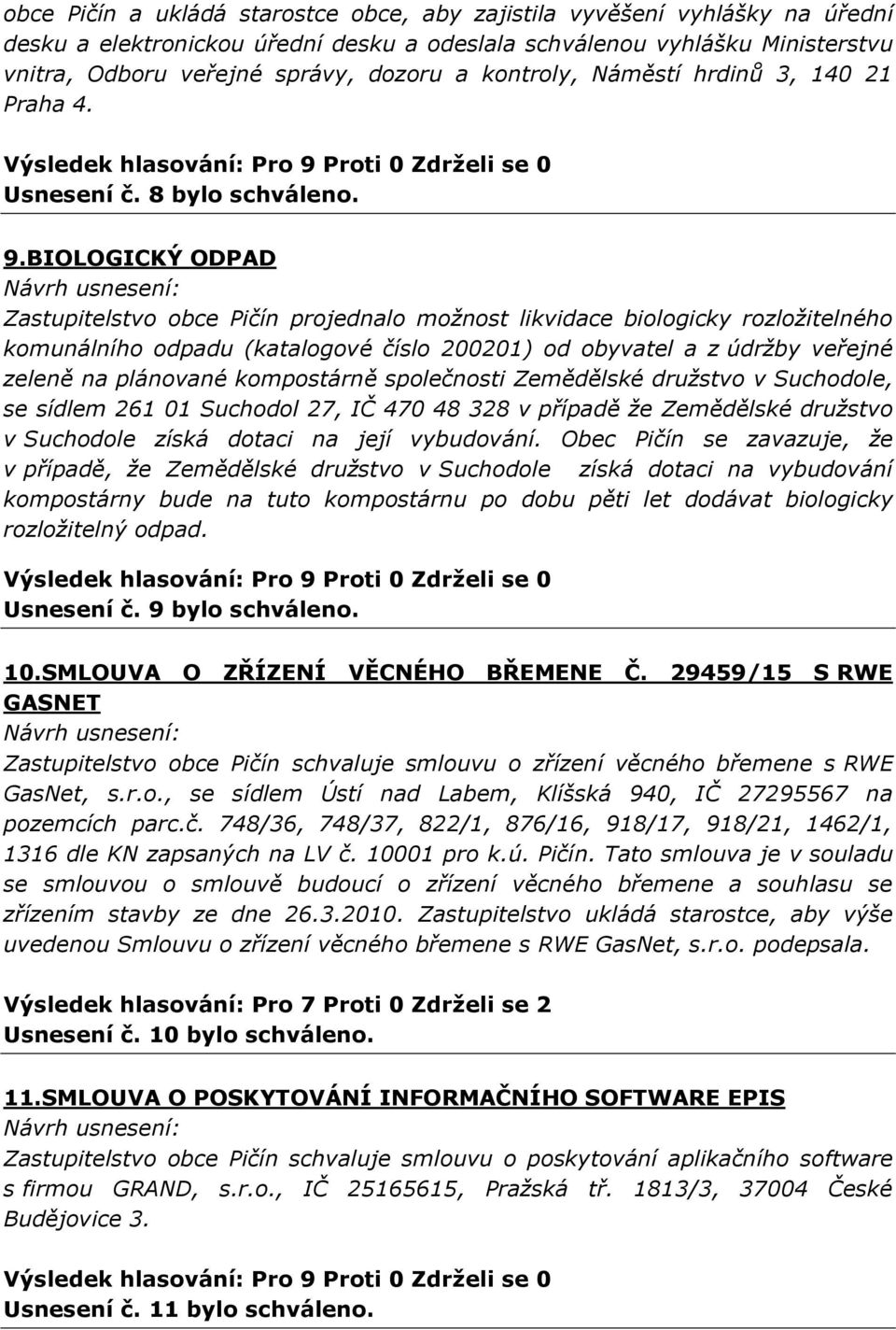 BIOLOGICKÝ ODPAD Zastupitelstvo obce Pičín projednalo možnost likvidace biologicky rozložitelného komunálního odpadu (katalogové číslo 200201) od obyvatel a z údržby veřejné zeleně na plánované