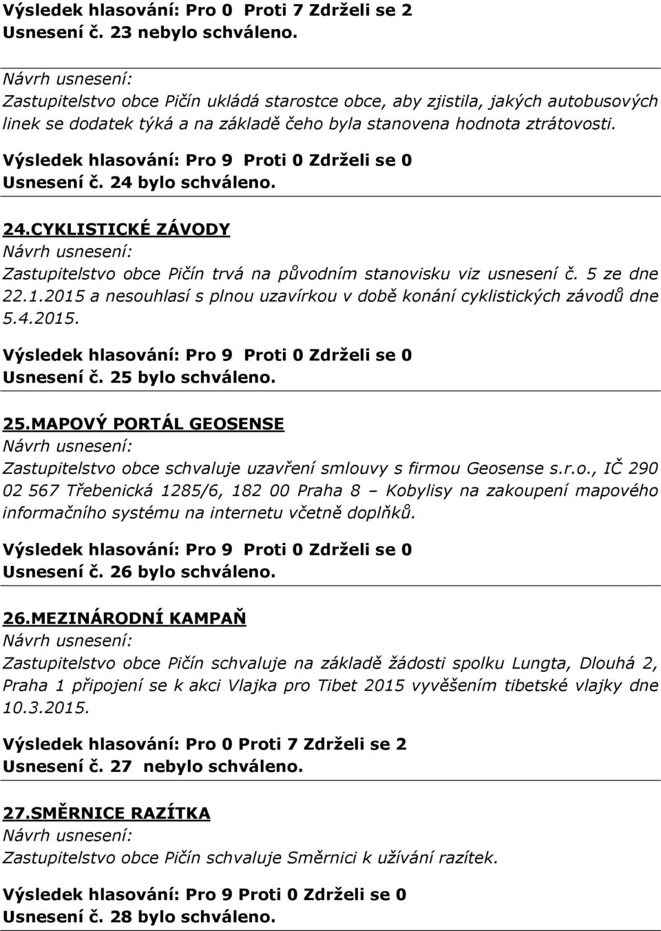 bylo schváleno. 24.CYKLISTICKÉ ZÁVODY Zastupitelstvo obce Pičín trvá na původním stanovisku viz usnesení č. 5 ze dne 22.1.2015 a nesouhlasí s plnou uzavírkou v době konání cyklistických závodů dne 5.