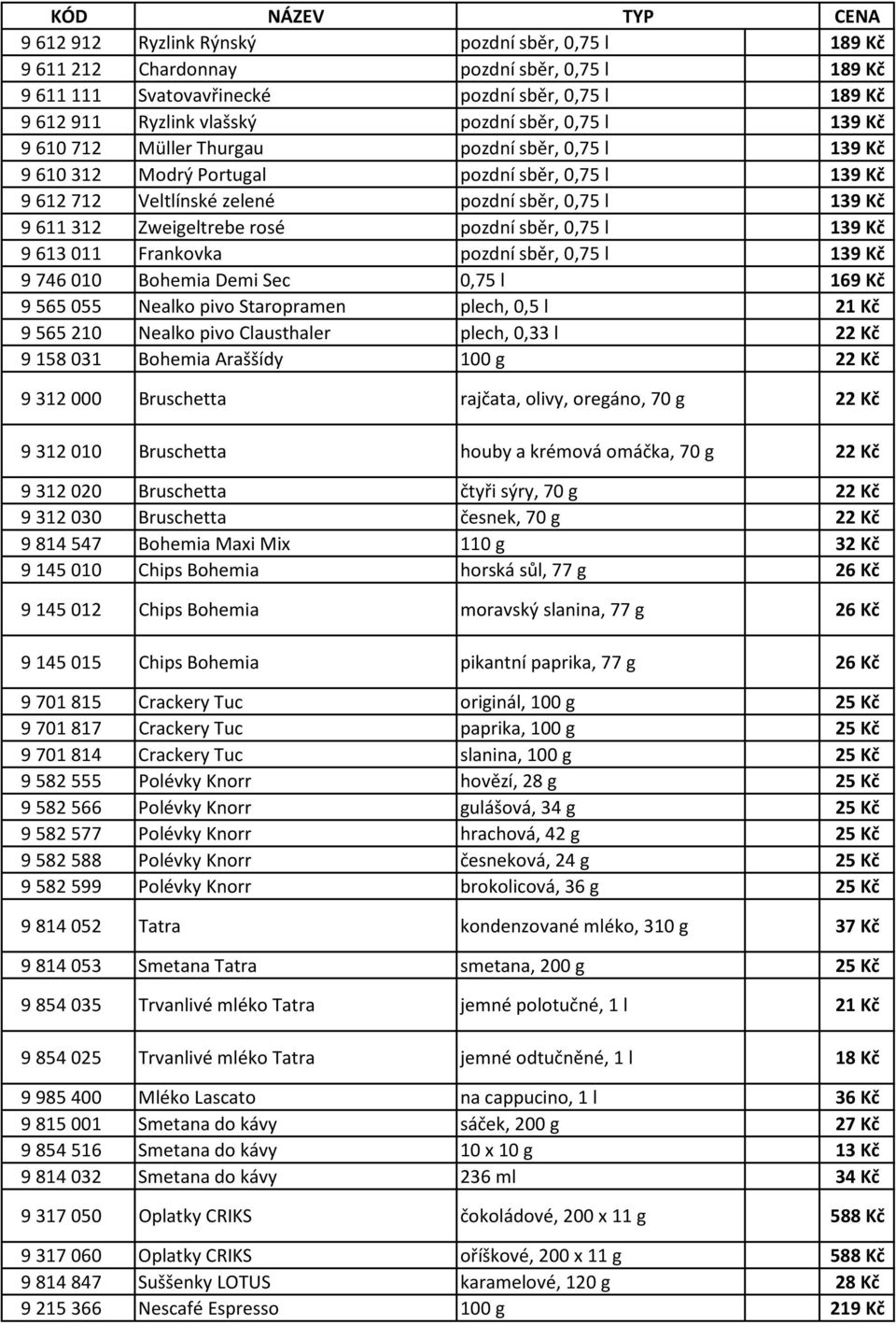 Zweigeltrebe rosé pozdní sběr, 0,75 l 139 Kč 9 613 011 Frankovka pozdní sběr, 0,75 l 139 Kč 9 746 010 Bohemia Demi Sec 0,75 l 169 Kč 9 565 055 Nealko pivo Staropramen plech, 0,5 l 21 Kč 9 565 210