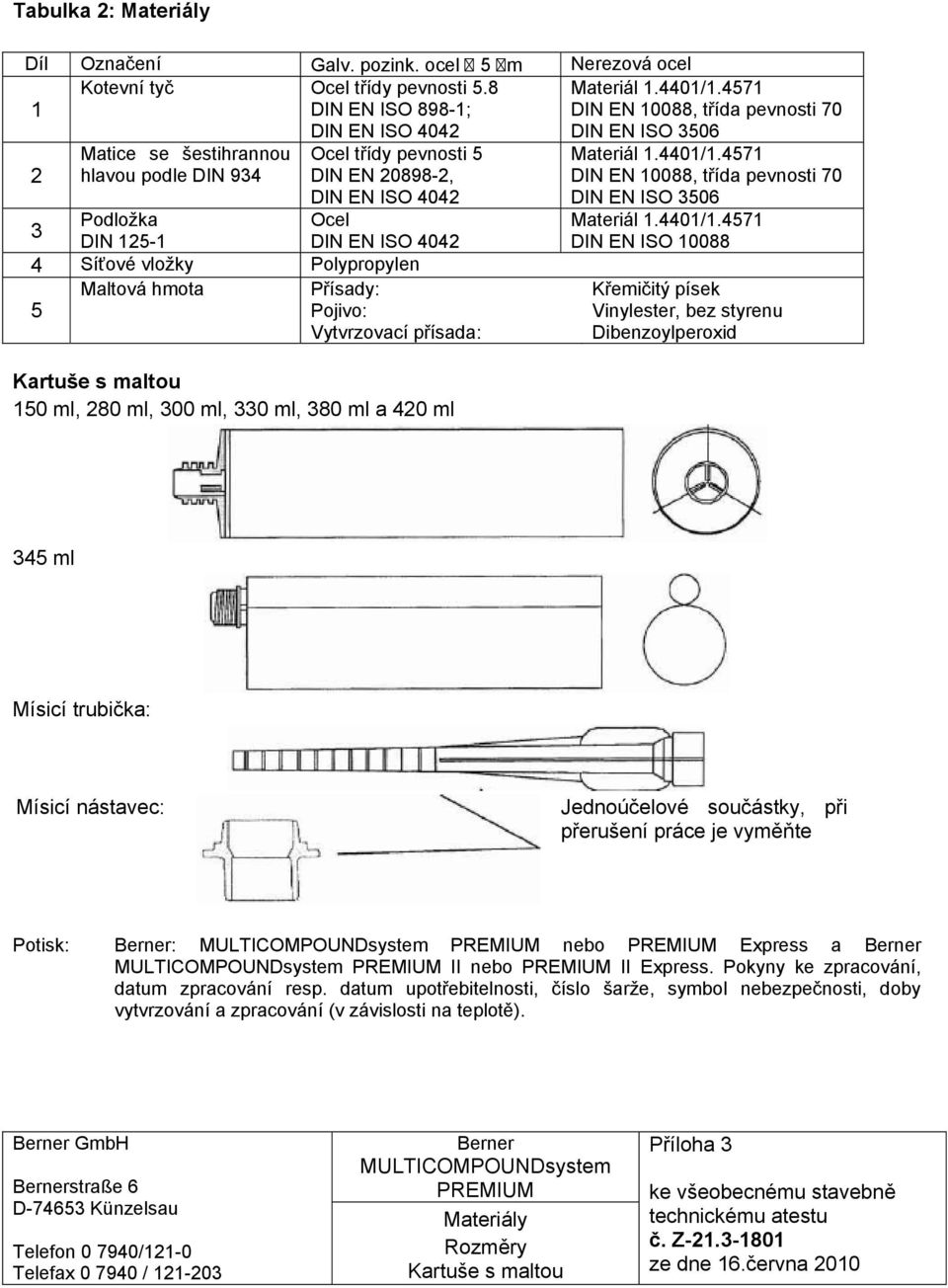 Síťové vložky Polypropylen Maltová hmota Přísady: 5 Pojivo: Vytvrzovací přísada: Kartuše s maltou 150 ml, 280 ml, 300 ml, 330 ml, 380 ml a 420 ml Materiál 1.4401/1.