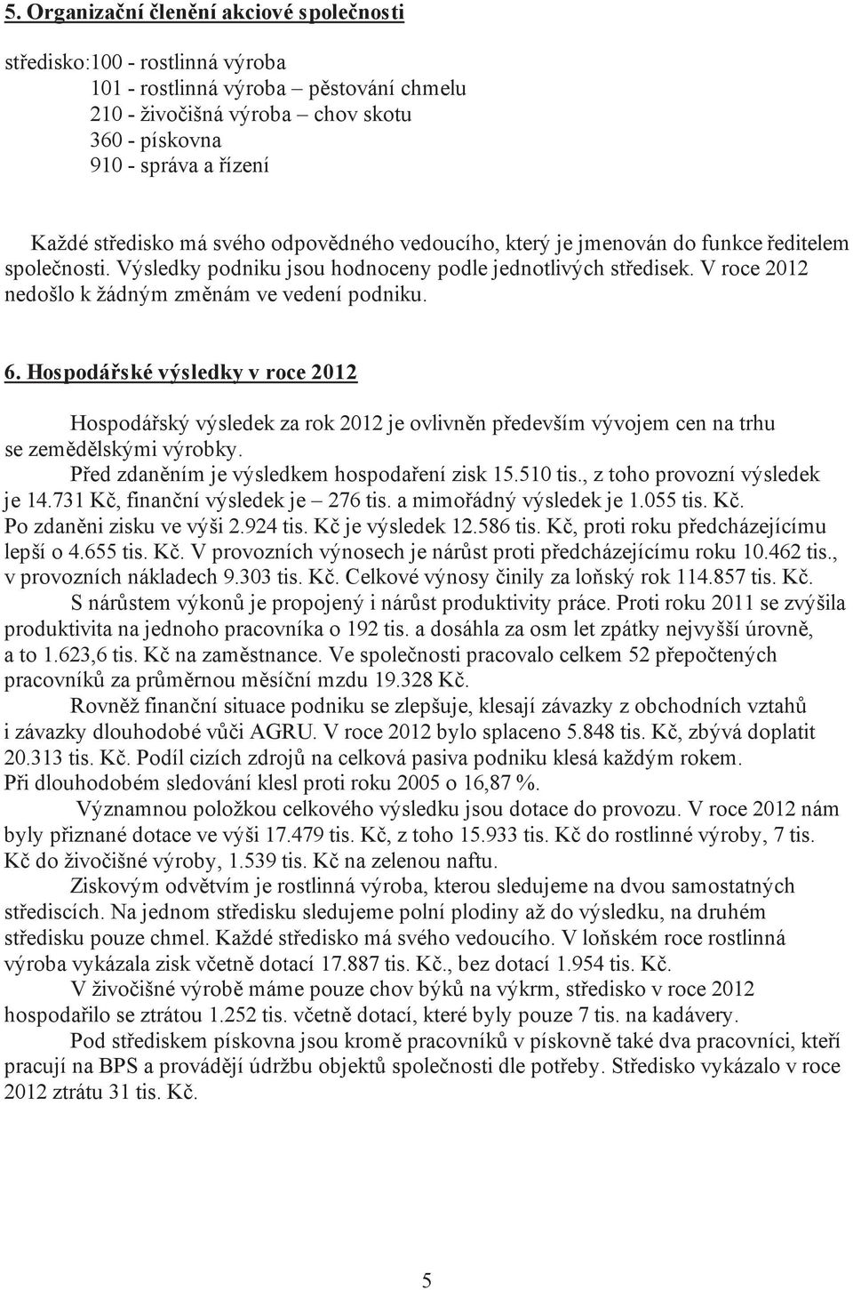 V roce 2012 nedošlo k žádným zm nám ve vedení podniku. 6. Hospodá ské výsledky v roce 2012 Hospodá ský výsledek za rok 2012 je ovlivn n p edevším vývojem cen na trhu se zem d lskými výrobky.