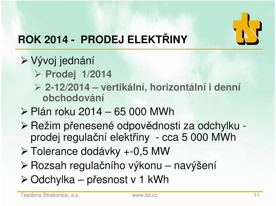 odpovědnosti za odchylku - prodej regulační elektřiny - cca 5 000 MWh Tolerance