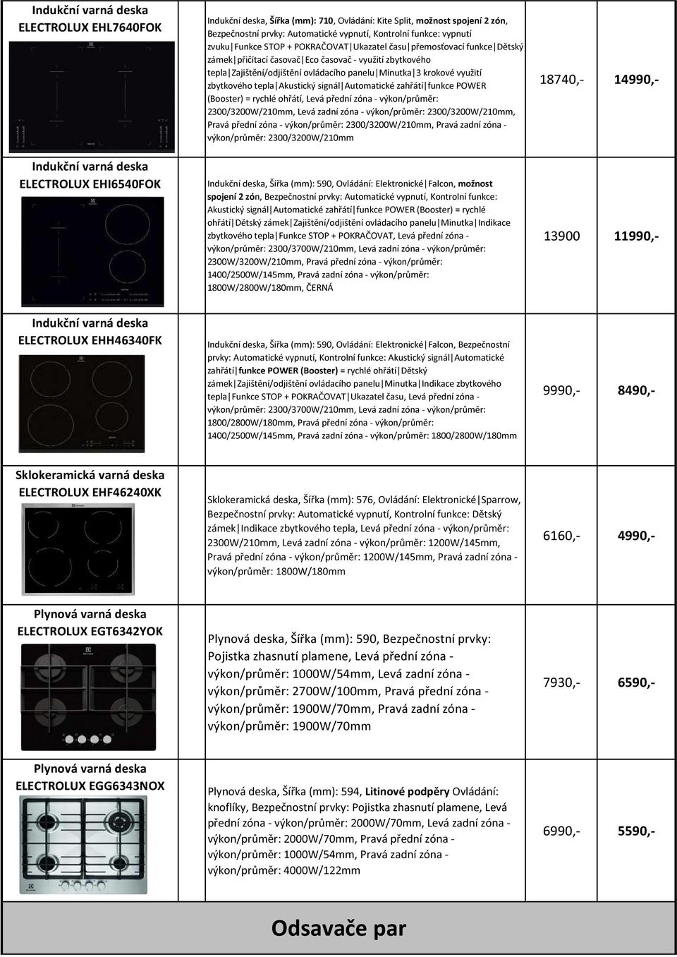 ovládacího panelu Minutka 3 krokové využití zbytkového tepla Akustický signál Automatické zahřátí funkce POWER (Booster) = rychlé ohřátí, Levá přední zóna - výkon/průměr: 2300/3200W/210mm, Levá zadní