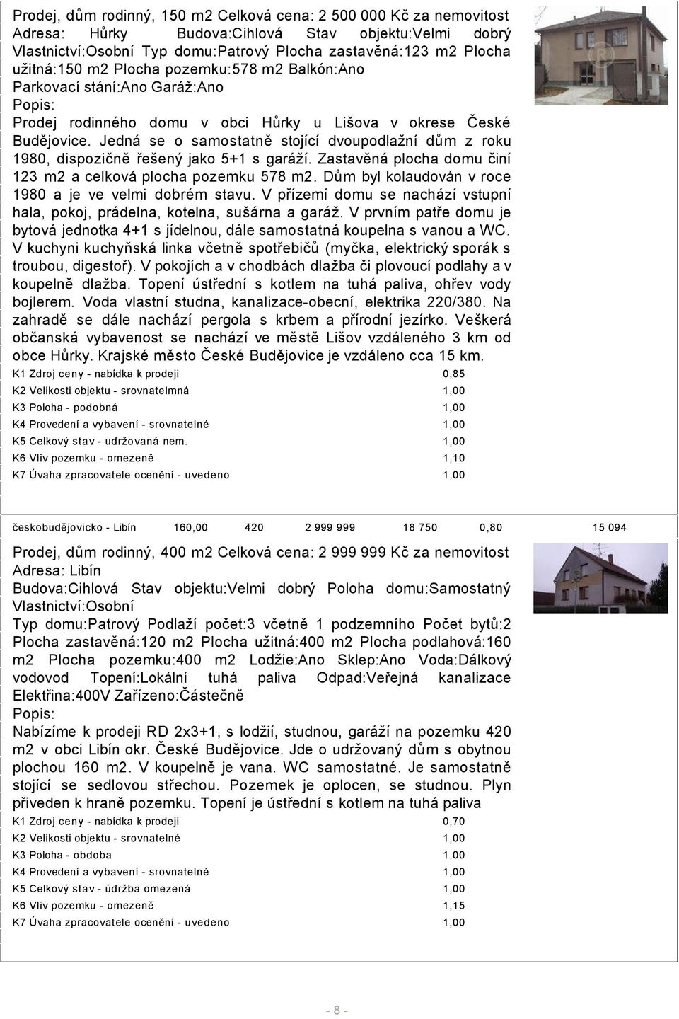 Jedná se o samostatně stojící dvoupodlažní dům z roku 980, dispozičně řešený jako 5+ s garáží. Zastavěná plocha domu činí 23 m2 a celková plocha pozemku 578 m2.