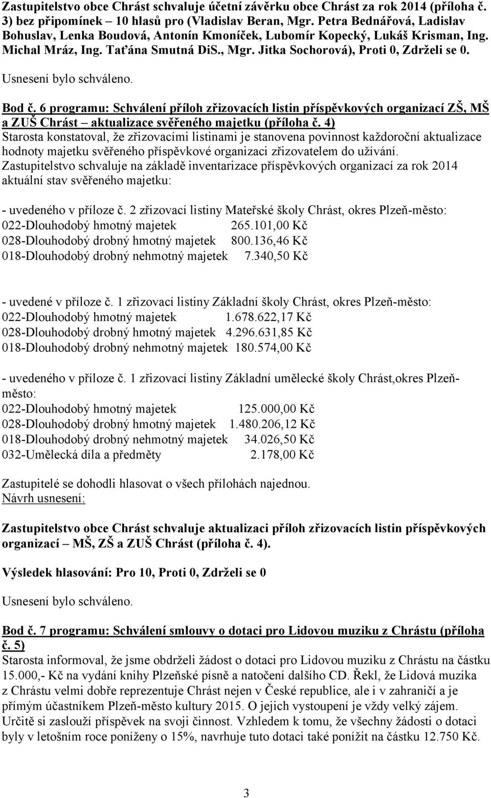 6 programu: Schválení příloh zřizovacích listin příspěvkových organizací ZŠ, MŠ a ZUŠ Chrást aktualizace svěřeného majetku (příloha č.