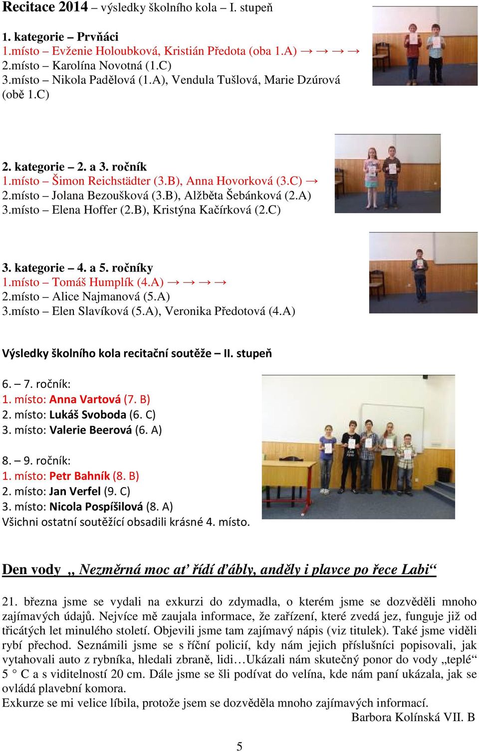 místo Elena Hoffer (2.B), Kristýna Kačírková (2.C) 3. kategorie 4. a 5. ročníky 1.místo Tomáš Humplík (4.A) 2.místo Alice Najmanová (5.A) 3.místo Elen Slavíková (5.A), Veronika Předotová (4.