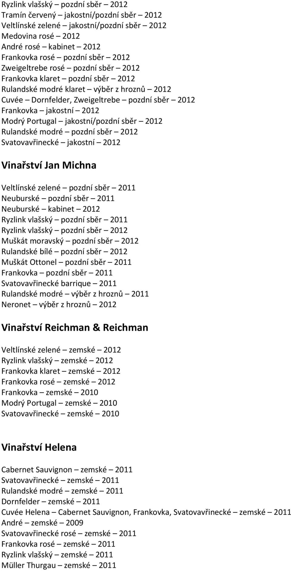 Michna Veltlínské zelené pozdní sběr 2011 Neuburské pozdní sběr 2011 Neuburské kabinet 2012 Muškát moravský pozdní sběr 2012 Muškát Ottonel pozdní sběr 2011 Svatovavřinecké barrique 2011 Rulandské