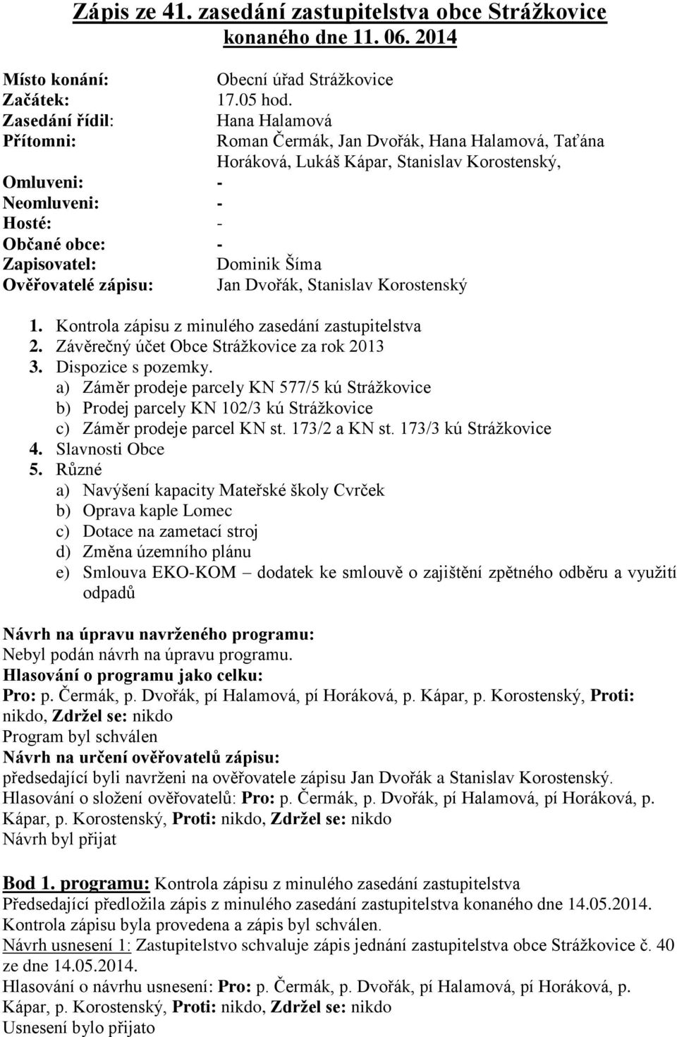 Hana Halamová Roman Čermák, Jan Dvořák, Hana Halamová, Taťána Horáková, Lukáš Kápar, Stanislav Korostenský, Dominik Šíma Jan Dvořák, Stanislav Korostenský 1.