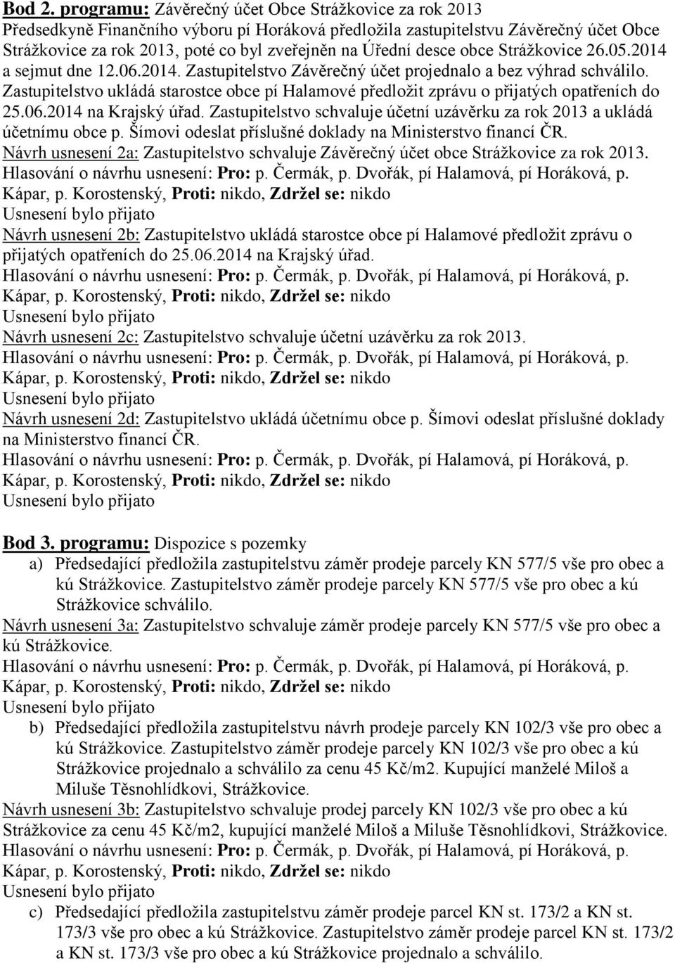 desce obce Strážkovice 26.05.2014 a sejmut dne 12.06.2014. Zastupitelstvo Závěrečný účet projednalo a bez výhrad schválilo.