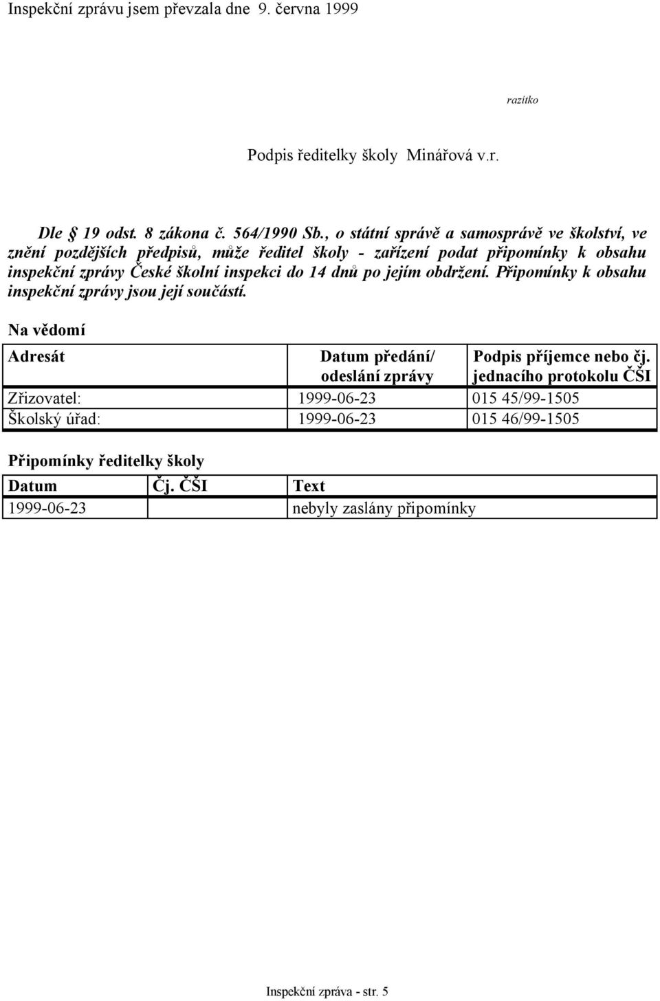 inspekci do 14 dnů po jejím obdržení. Připomínky k obsahu inspekční zprávy jsou její součástí. Na vědomí Adresát Datum předání/ odeslání zprávy Podpis příjemce nebo čj.