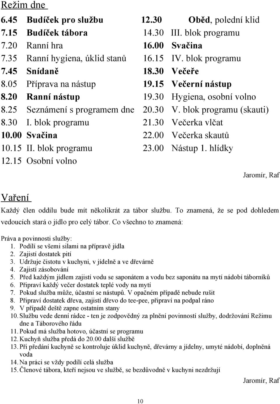 30 Hygiena, osobní volno 20.30 V. blok programu (skauti) 21.30 Večerka vlčat 22.00 Večerka skautů 23.00 Nástup 1. hlídky Jaromír, Raf Vaření Každý člen oddílu bude mít několikrát za tábor službu.