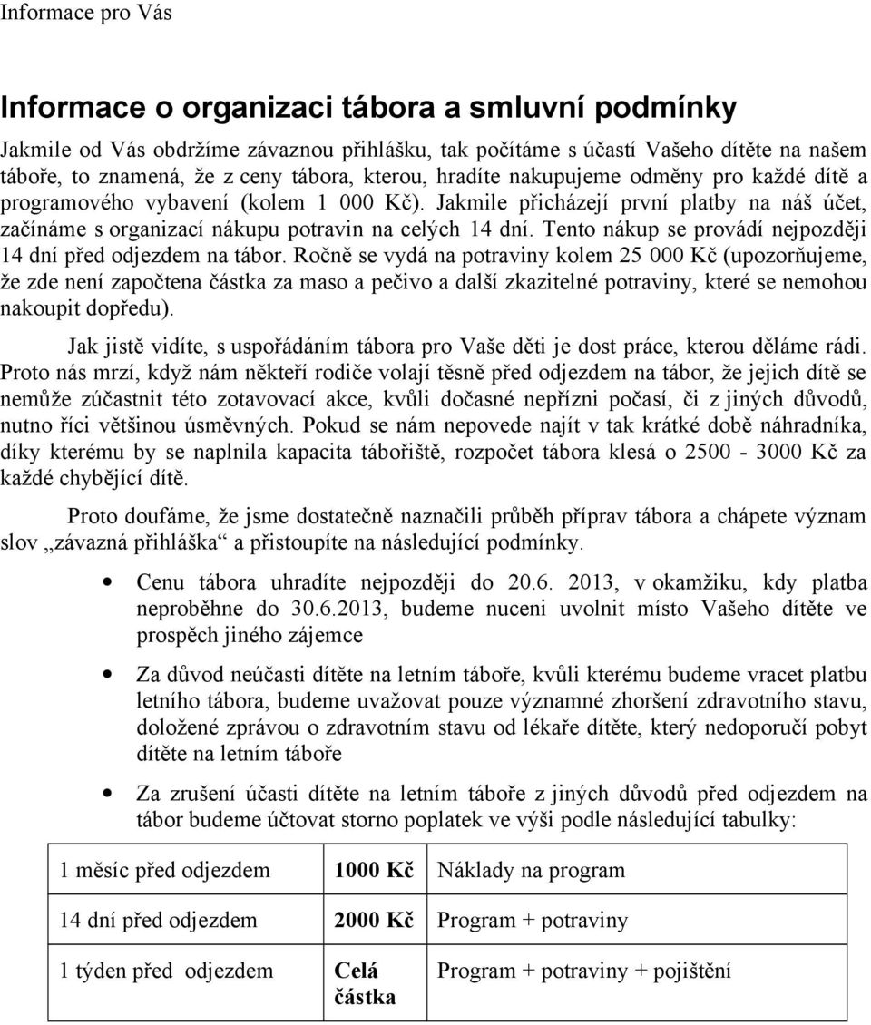 Tento nákup se provádí nejpozději 14 dní před odjezdem na tábor.