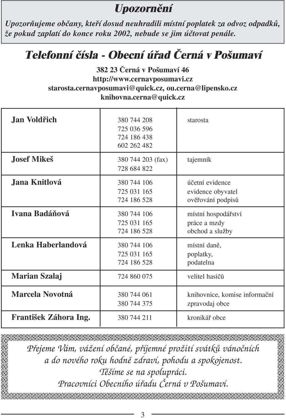cz Jan Voldfiich 380 744 208 starosta 725 036 596 724 186 438 602 262 482 Josef Mike 380 744 203 (fax) tajemník 728 684 822 Jana Knitlová 380 744 106 úãetní evidence 725 031 165 evidence obyvatel 724