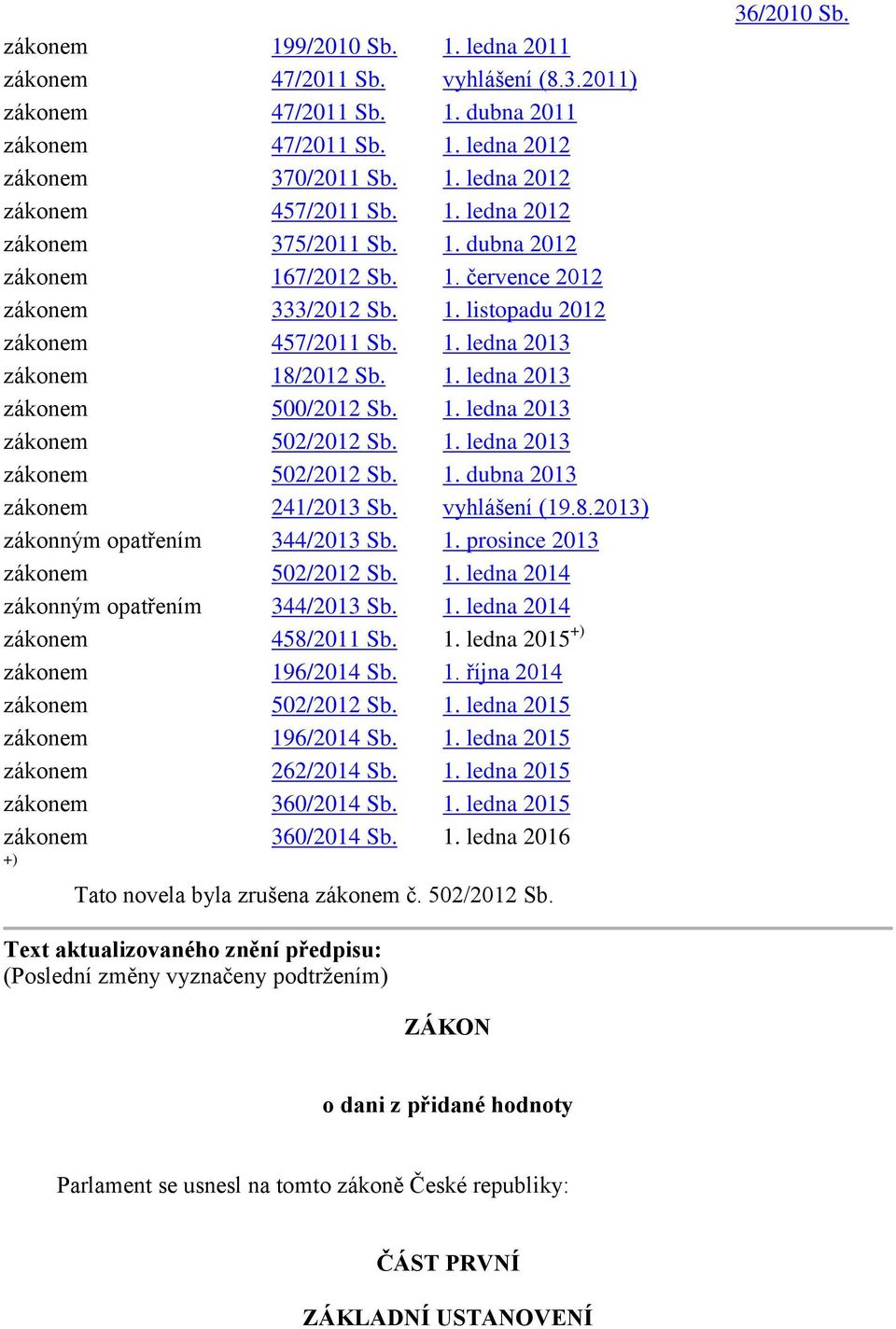 1. ledna 2013 zákonem 502/2012 Sb. 1. ledna 2013 zákonem 502/2012 Sb. 1. dubna 2013 zákonem 241/2013 Sb. vyhlášení (19.8.2013) zákonným opatřením 344/2013 Sb. 1. prosince 2013 zákonem 502/2012 Sb. 1. ledna 2014 zákonným opatřením 344/2013 Sb.