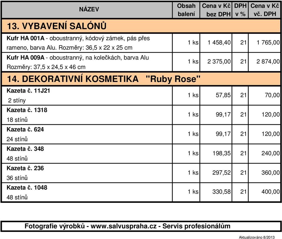 DEKORATIVNÍ KOSMETIKA "Ruby Rose" Kazeta č. 11J 2 stíny Kazeta č. 1318 18 stínů Kazeta č. 624 24 stínů Kazeta č. 348 48 stínů Kazeta č.