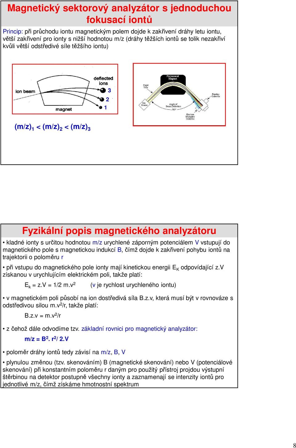 záporným potenciálem V vstupují do magnetického pole s magnetickou indukcí B, čímž dojde k zakřivení pohybu iontů na trajektorii o poloměru r při vstupu do magnetického pole ionty mají kinetickou