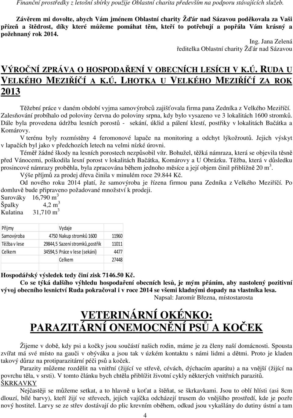 2014. Ing. Jana Zelená ředitelka Oblastní charity Žďár nad Sázavou VÝROČNÍ ZPRÁVA O HOSPODAŘENÍ V OBECNÍCH LESÍCH V K.Ú.
