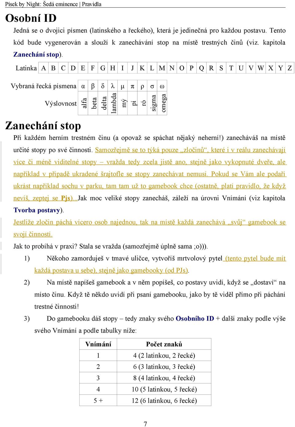 Latinka A B C D E F G H I J K L M N O P Q R S T U V W X Y Z Vybraná řecká písmena α β δ λ μ π ρ σ ω Výslovnost alfa beta delta lambda mý pí ró sigma omega Zanechání stop Při každém herním trestném