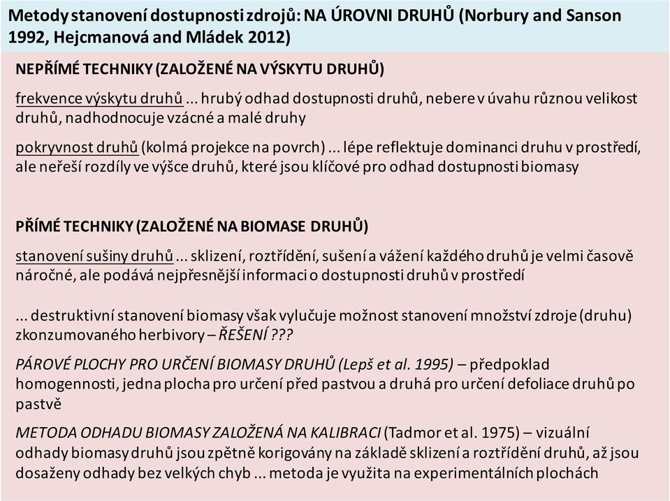 .. lépe reflektuje dominanci druhu v prostředí, ale neřeší rozdíly ve výšce druhů, které jsou klíčové pro odhad dostupnosti biomasy PŘÍMÉ TECHNIKY (ZALOŽENÉ NA BIOMASE DRUHŮ) stanovení sušiny druhů.