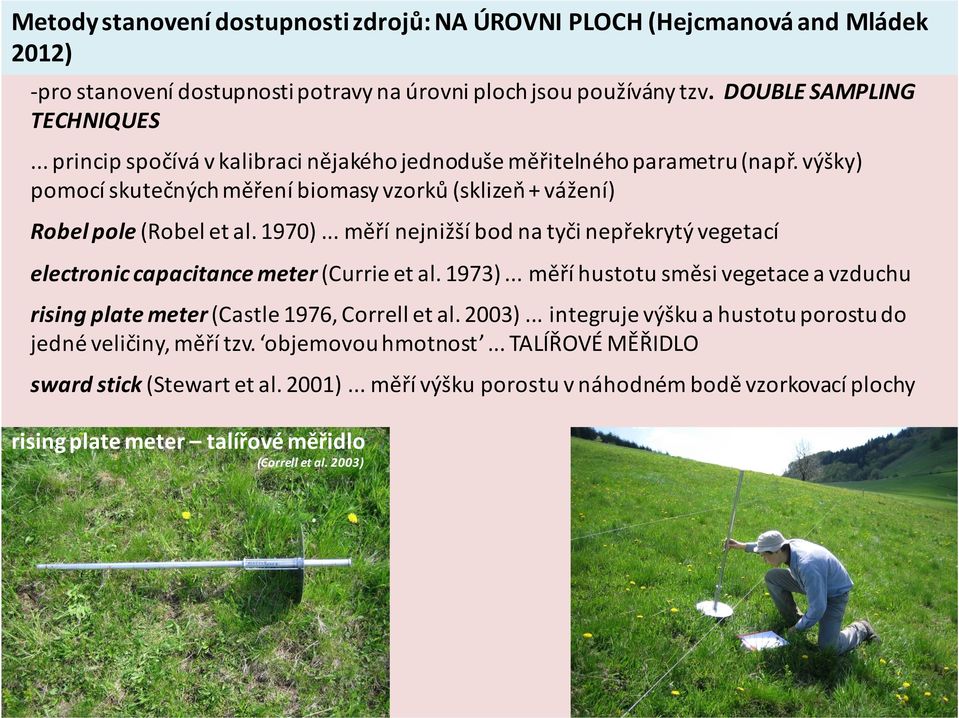 .. měří nejnižší bod na tyči nepřekrytý vegetací electroniccapacitance meter (Currie et al. 1973)... měří hustotu směsi vegetace a vzduchu rising plate meter (Castle 1976, Correll et al. 2003).