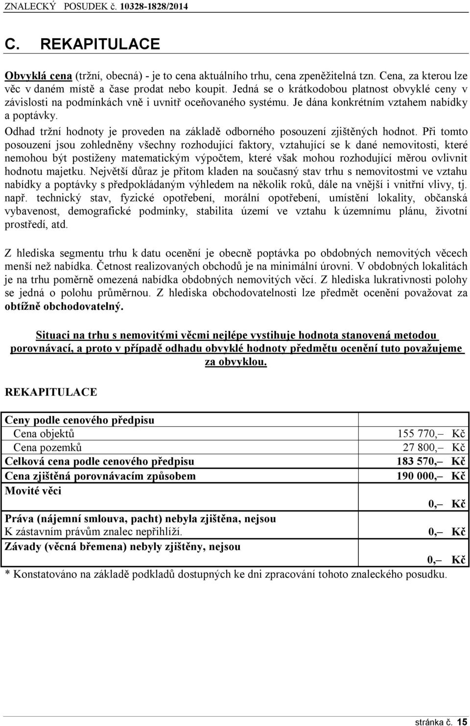 Odhad tržní hodnoty je proveden na základě odborného posouzení zjištěných hodnot.