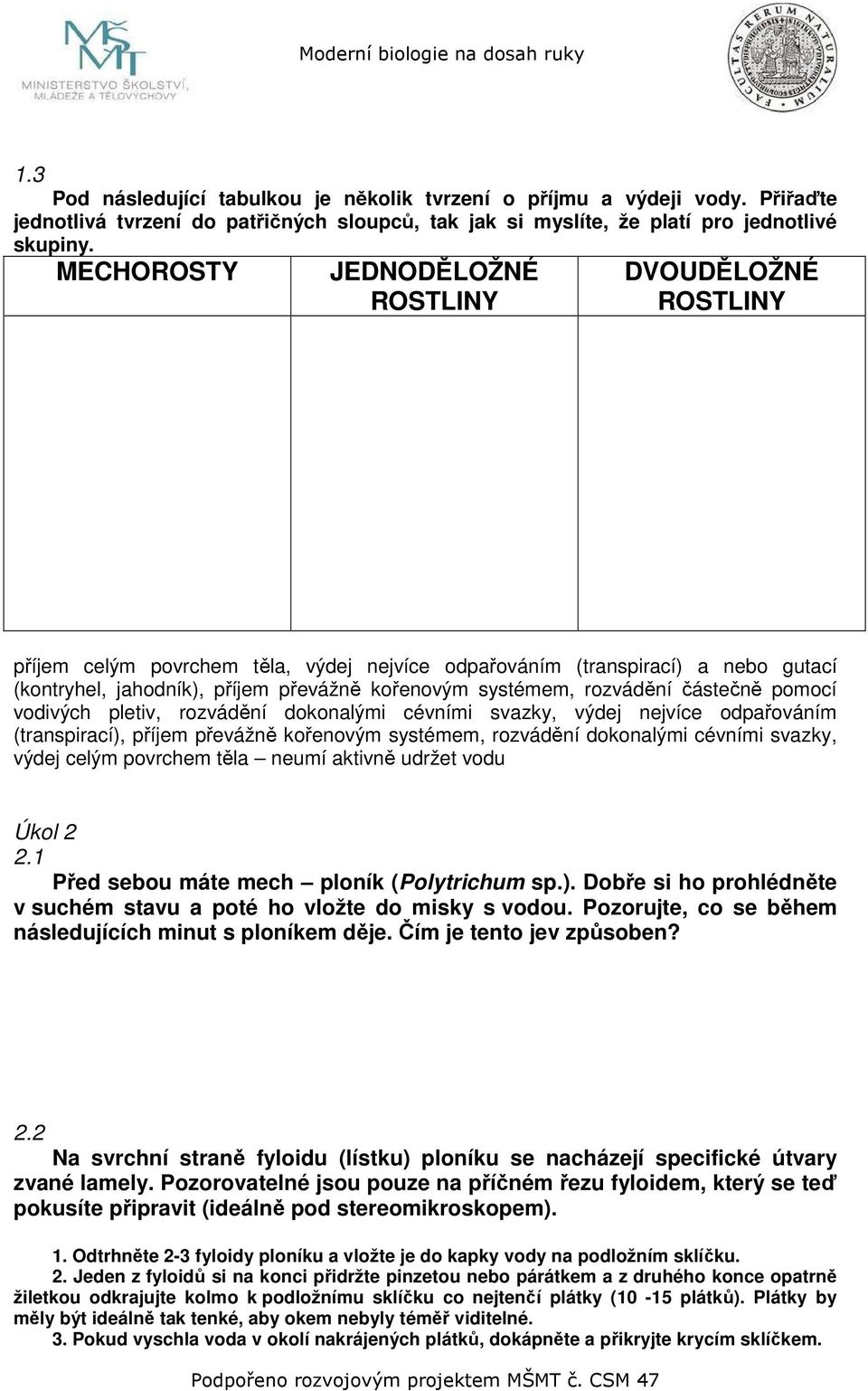 rozvádění částečně pomocí vodivých pletiv, rozvádění dokonalými cévními svazky, výdej nejvíce odpařováním (transpirací), příjem převážně kořenovým systémem, rozvádění dokonalými cévními svazky, výdej