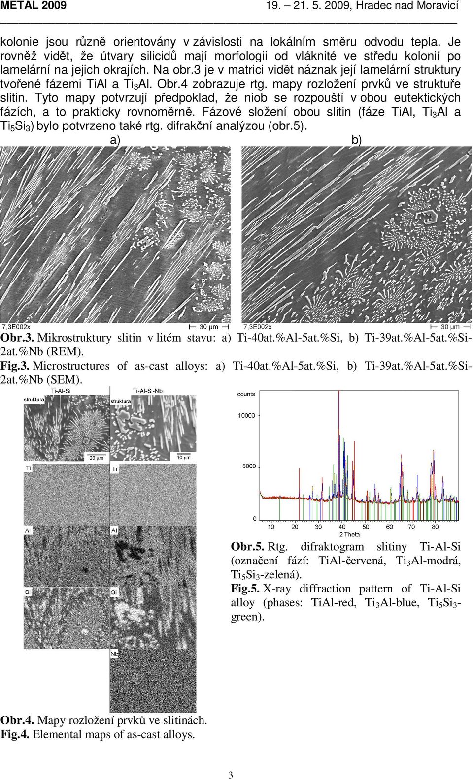 3 je v matrici vidět náznak její lamelární struktury tvořené fázemi TiAl a Ti3Al. Obr.4 zobrazuje rtg. mapy rozložení prvků ve struktuře slitin.