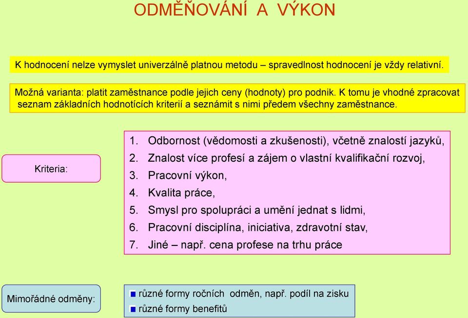 K tomu je vhodné zpracovat seznam základních hodnotících kriterií a seznámit s nimi předem všechny zaměstnance. Kriteria: 1.