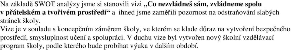 Vize je v souladu s koncepčním záměrem školy, ve kterém se klade důraz na vytvoření bezpečného prostředí,