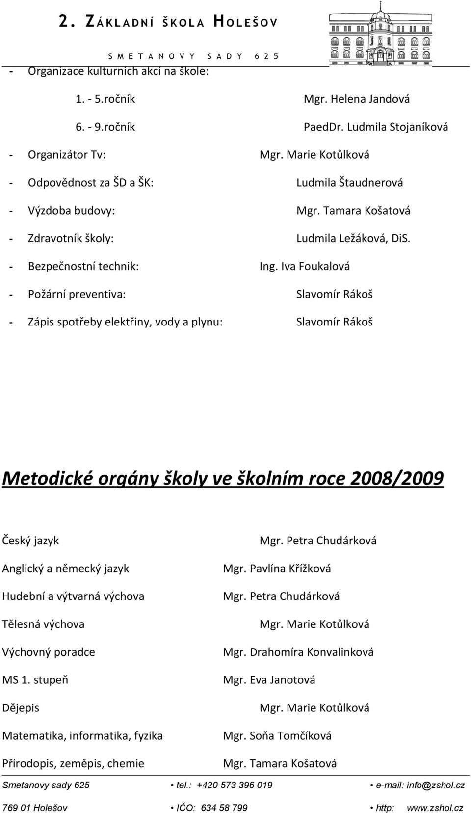 Iva Foukalová - Požární preventiva: Slavomír Rákoš - Zápis spotřeby elektřiny, vody a plynu: Slavomír Rákoš Metodické orgány školy ve školním roce 2008/2009 Český jazyk Anglický a německý jazyk