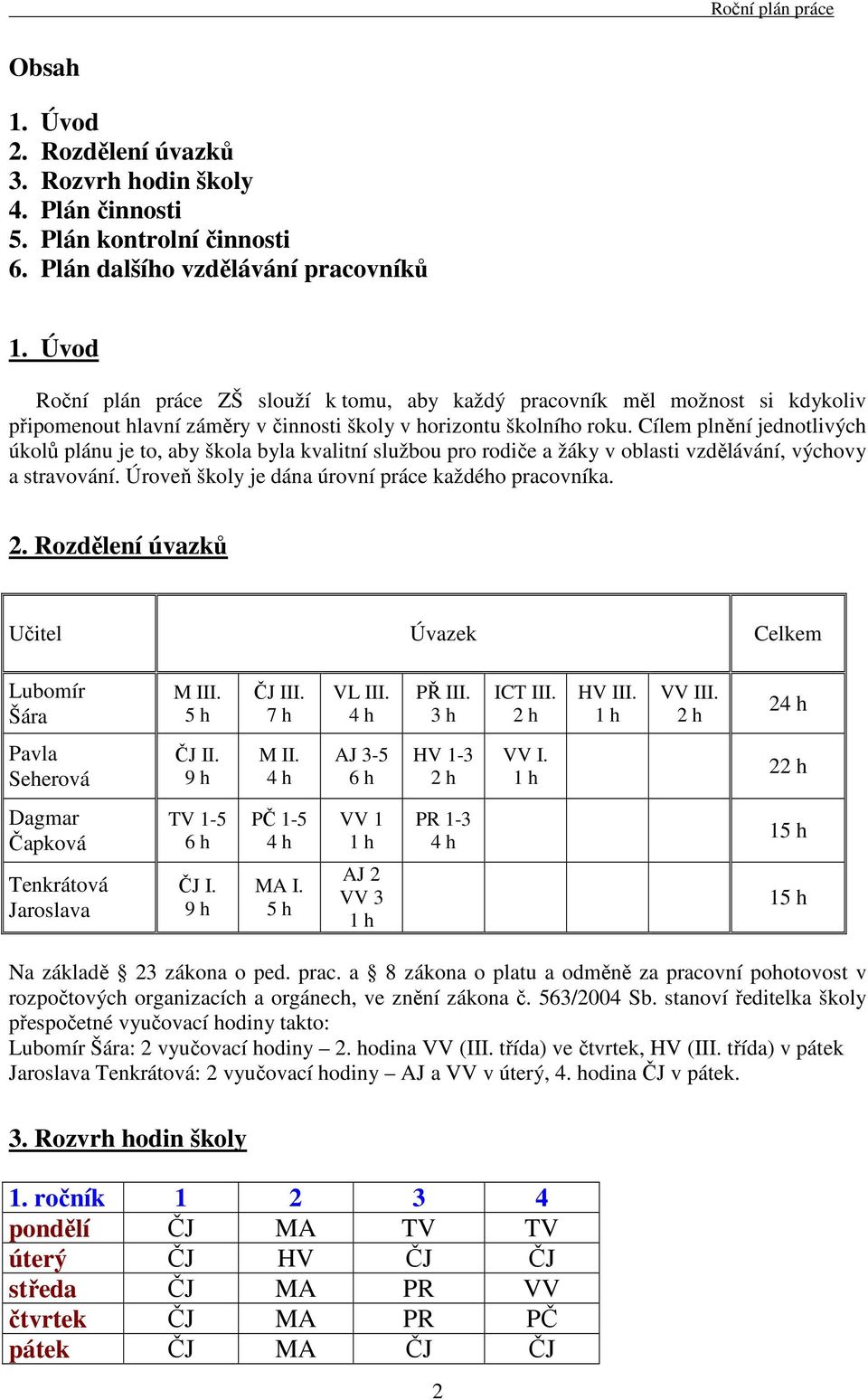 Cílem plnění jednotlivých úkolů plánu je to, aby škola byla kvalitní službou pro rodiče a žáky v oblasti vzdělávání, výchovy a stravování. Úroveň školy je dána úrovní práce každého pracovníka. 2.