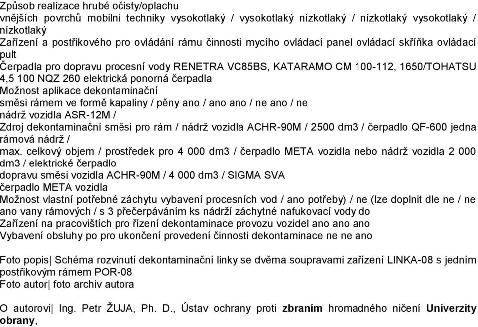 dekontaminační směsi rámem ve formě kapaliny / pěny ano / ano ano / ne ano / ne nádrž vozidla ASR-12M / Zdroj dekontaminační směsi pro rám / nádrž vozidla ACHR-90M / 2500 dm3 / čerpadlo QF-600 jedna