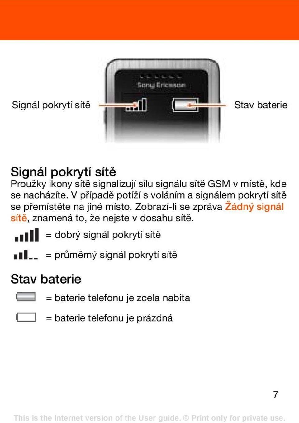 Zobrazí-li se zpráva Žádný signál sítě, znamená to, že nejste v dosahu sítě.