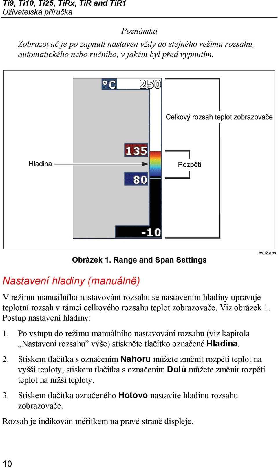 Viz obrázek 1. Postup nastavení hladiny: 1. Po vstupu do režimu manuálního nastavování rozsahu (viz kapitola Nastavení rozsahu výše) stiskněte tlačítko označené Hladina. 2.