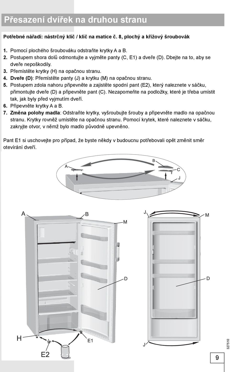 Dveře (D): Přemístěte panty (J) a krytku (M) na opačnou stranu. 5. Postupem zdola nahoru připevněte a zajistěte spodní pant (E2), který naleznete v sáčku, přimontujte dveře (D) a připevněte pant (C).