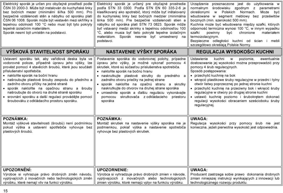 Sporák nesmí být umístěn na podstavci. Elektrický sporák je určený pre obyčajné prostredie podľa STN 33 0300.