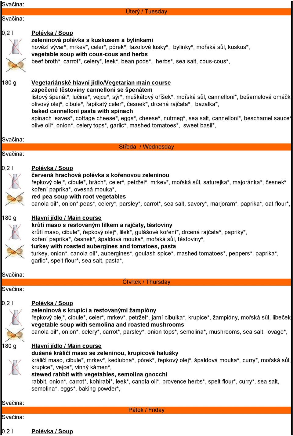 sýr*, muškátový oříšek*, mořská sůl, cannelloni*, bešamelová omáčka*, olivový olej*, cibule*, řapíkatý celer*, česnek*, drcená rajčata*, bazalka*, baked cannelloni pasta with spinach spinach leaves*,