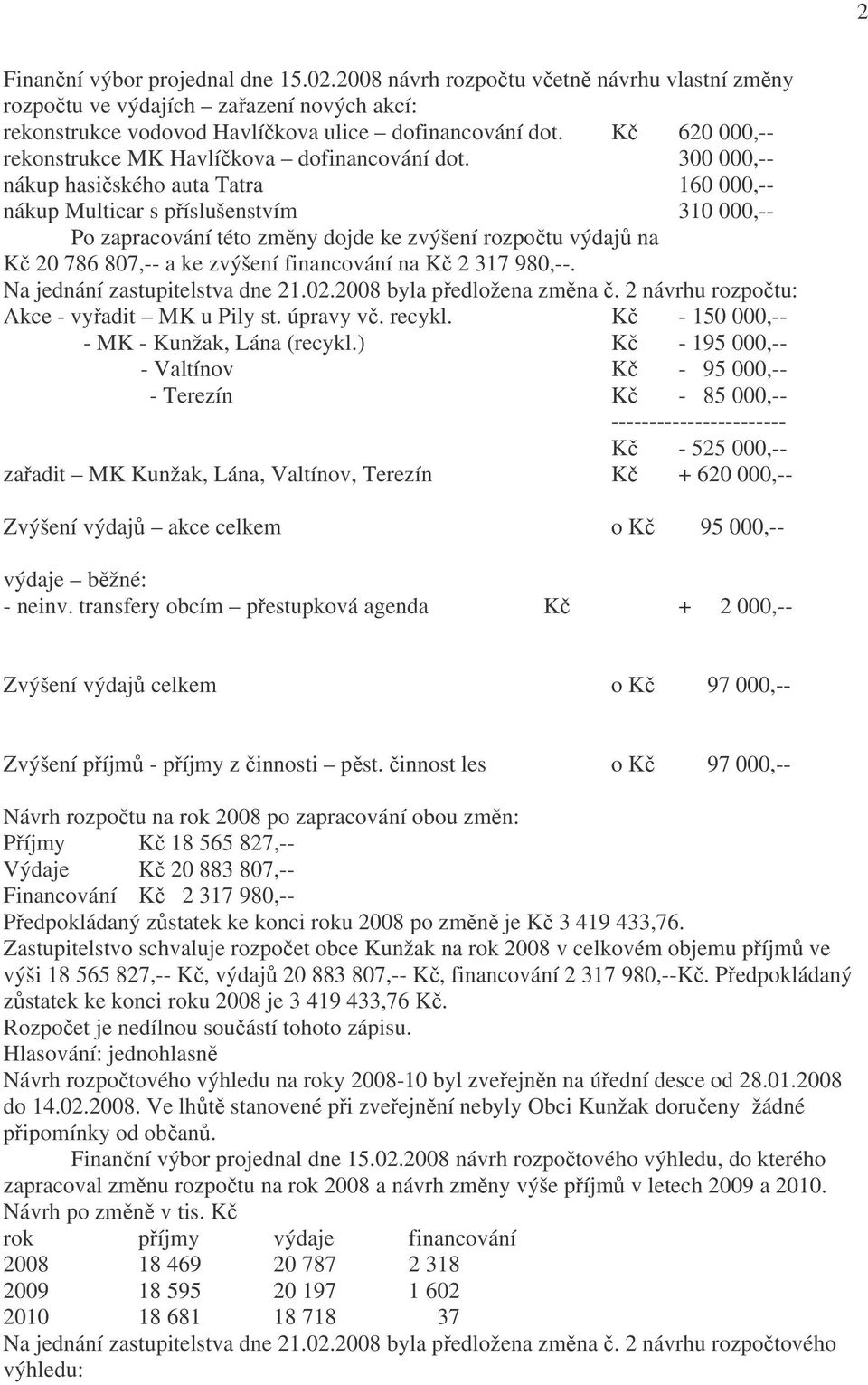 300 000,-- nákup hasičského auta Tatra 160 000,-- nákup Multicar s příslušenstvím 310 000,-- Po zapracování této změny dojde ke zvýšení rozpočtu výdajů na Kč 20 786 807,-- a ke zvýšení financování na