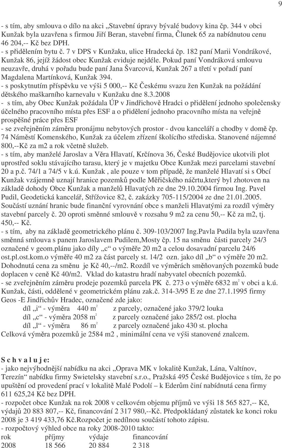 Pokud paní Vondráková smlouvu neuzavře, druhá v pořadu bude paní Jana Švarcová, Kunžak 267 a třetí v pořadí paní Magdalena Martínková, Kunžak 394.
