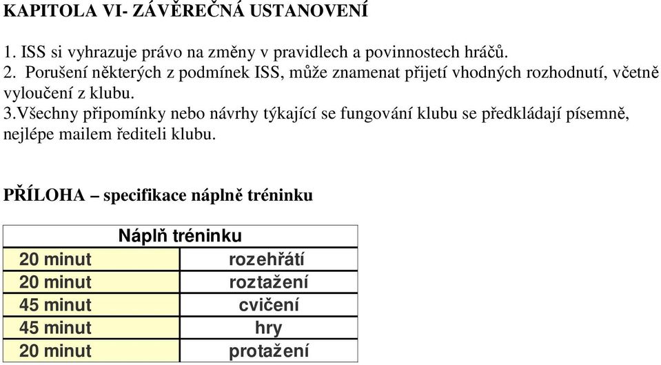 Všechny připomínky nebo návrhy týkající se fungování klubu se předkládají písemně, nejlépe mailem řediteli klubu.