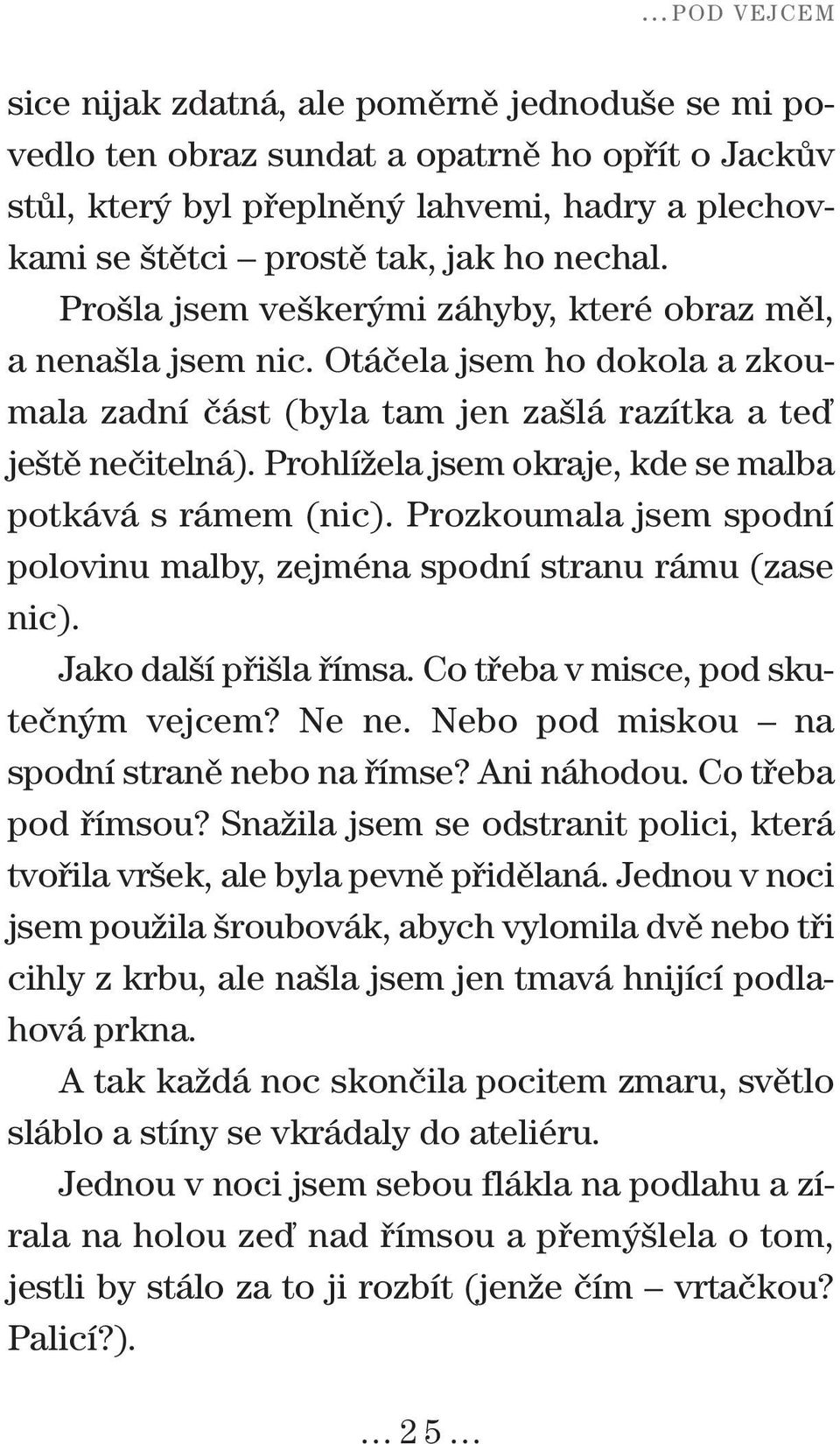 Prohlížela jsem okraje, kde se malba potkává s rámem (nic). Prozkoumala jsem spodní polovinu malby, zejména spodní stranu rámu (zase nic). Jako další přišla římsa.